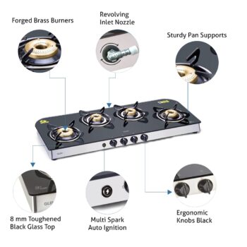 Glen 4 Burner 8 MM Toughened Glass Top | LPG Gas Stoves Extra Wide